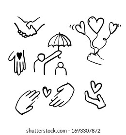 hand drawn doodle illustration icon symbol for Care, generous and sympathize icon set in thin line style vector