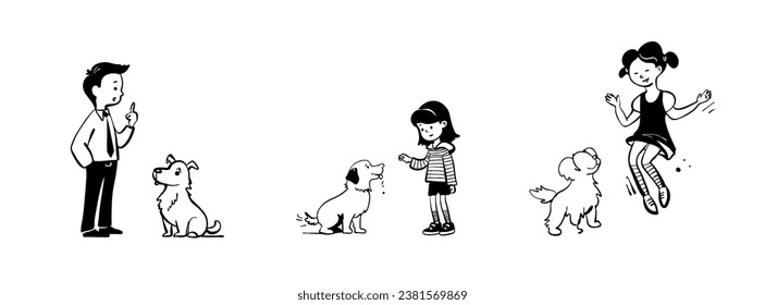 Hand drawn doodle illustration of kids training their dogs and puppies