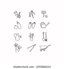 Hand drawn doodle illustration line art icon set collection vector pictogram picto gardening tools garden growing seed equipment farming tool isolated simple outlined house word flower plant icons art