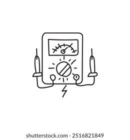 Hand drawn doodle illustration of a multimeter measuring electrical voltage. Electrician tool for measuring electrical current, voltage, resistance. Electric current test equipment.
