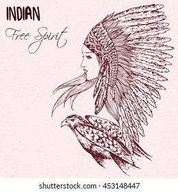 Hand drawn doodle illustration of native american indian girl in chief headdress with eagle isolated on vintage background. Detailed drawing in line art graphic style. Tattoo sketch, textile print.