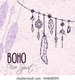 Hand drawn doodle illustration of native american indian elements isolated on vintage background. Detailed drawing in line art graphic style. Decorative ethnic bohemian pattern with aztec feathers