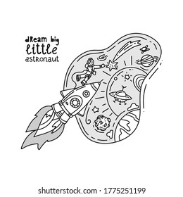 hand drawn doodle illustration on space theme with dream big little astronaut lettering. rocket, planets and stars in outer space. Vector illustration on the cosmic theme in childish style