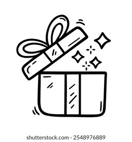 Handgezeichnete Doodle-Illustration einer offenen Geschenkbox mit Funkeln, perfekt für Feiertage, Feiertage und festliche Designs. Einfach und vielseitig für verschiedene kreative Projekte.