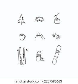 Hand drawn doodle illustration outlined line drawing icon picto set collection ski after ski snowboard icons simple minimalist black pictogram outdoors activity winter sport december mountain cold