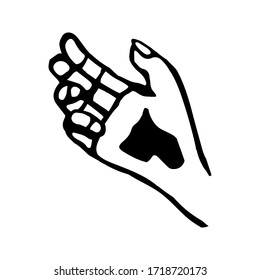 Hand drawn doodle illustration of palm, hand. Women concept design. Symbols of feminism and body positivity movement. Pointer sign, vector gesture