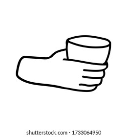 Hand drawn doodle illustration of palm, hand with cup, glass. Human concept design. Pointer sign, vector gesture