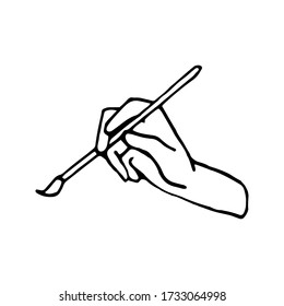 Hand drawn doodle illustration of palm, hand with artist brush. Human concept design. Pointer sign, vector gesture
