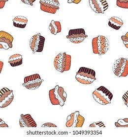Hand drawn doodle illustration with pastry. Cupcakes seamless pattern with watercolor on white, pink and orange background. Sweets background design. Vector illustration.