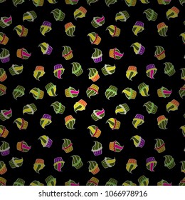Hand drawn doodle illustration with pastry. Cupcakes seamless pattern with watercolor on black, green, white, yellow and orange background. Sweets background design. Vector illustration.