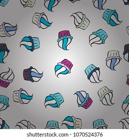 Hand drawn doodle illustration with pastry. Cupcakes seamless pattern with watercolor on white, blue, black, neutral and gray background. Sweets background design. Vector illustration.