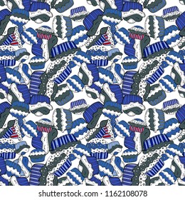Hand drawn doodle illustration with pastry. Vector illustration. Sweets background design. Cupcakes seamless pattern with watercolor on blue, white and black background.