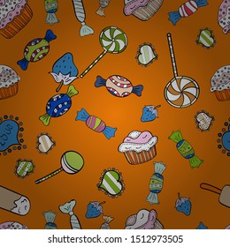 Hand drawn doodle illustration with pastry. Sweets background design. Cupcakes seamless pattern with watercolor on orange, black and white background. Vector illustration.