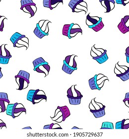 Hand drawn doodle illustration with pastry. Cupcakes seamless pattern with watercolor on white, black and violet background. Vector illustration. Sweets background design.