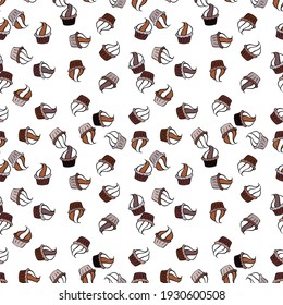 Hand drawn doodle illustration with pastry. Vector illustration. Cupcakes seamless pattern with watercolor on brown, white and black background. Sweets background design.