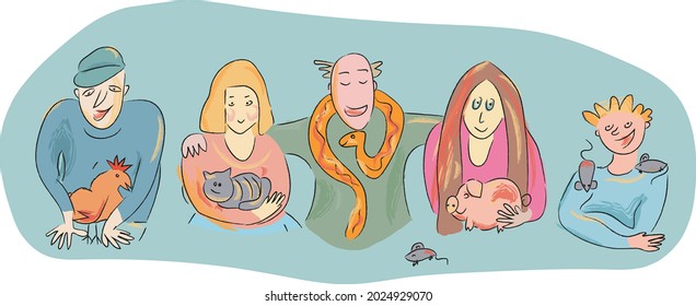 Hand drawn doodle illustration with people and animals. Animal lover concept.