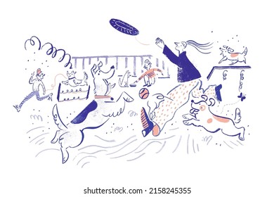 Hand drawn doodle illustration of people training their dogs and puppies in a city park. svg