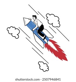 Hand drawn doodle illustration of a person riding a rocket