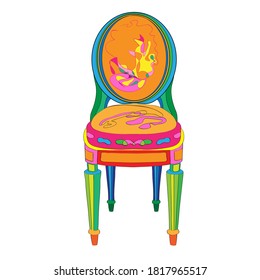 Hand drawn doodle illustration of a postmodern multicolored classical revival chair, object isolated on white, Ludovic XVI hystorical furniture style