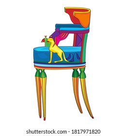 Hand drawn doodle illustration of a postmodern multicolored classical revival chair, object isolated on white, Empire hystorical furniture style