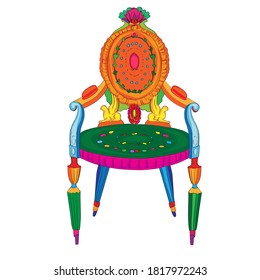 Hand drawn doodle illustration of a postmodern multicolored classical revival chair, object isolated on white, Adam hystorical furniture style