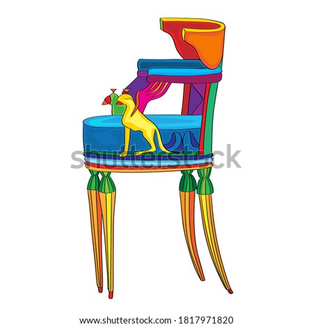 Hand drawn doodle illustration of a postmodern multicolored classical revival chair, object isolated on white, Empire hystorical furniture style