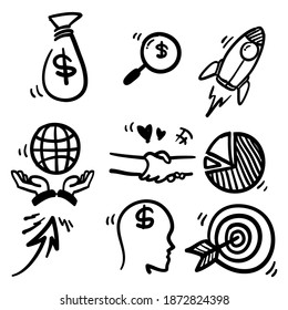 hand drawn doodle illustration related with business start up in cartoon style icon