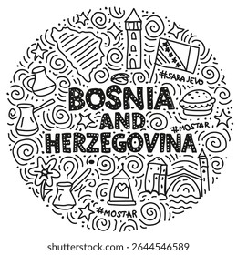 Hand drawn doodle illustration representing Bosnia and Herzegovina with national symbols, traditional coffee pots, Mostar bridge, flag, map, flowers, and architecture. 