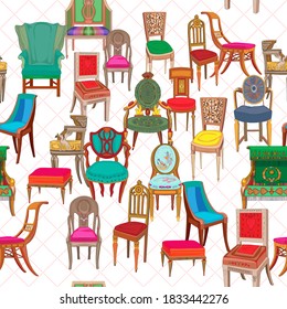 Hand drawn doodle illustration of a seamless pattern with classical revival chairs over a structure of diamonds background