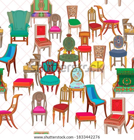 Hand drawn doodle illustration of a seamless pattern with classical revival chairs over a structure of diamonds background