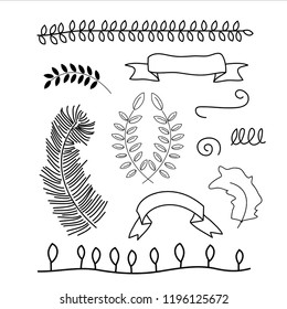 Hand drawn doodle illustration set. Vector collection of lines, leafs and feathers as well as banners in sketchy illustration style. Isolated on white background. Perfect for wedding or card designs