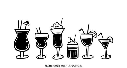 Hand drawn doodle illustration of set of different alcohol cocktails on the white background. Cocktails icon set for decorating bar menu, poster, booklet, postcard. Black and white simple doodle.