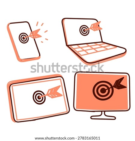 Hand drawn doodle illustration set of digital marketing target, SEO, and online goal concept. Bullseye with arrow on laptop, smartphone, tablet, and desktop monitor screens representing business strategy and audience targeting