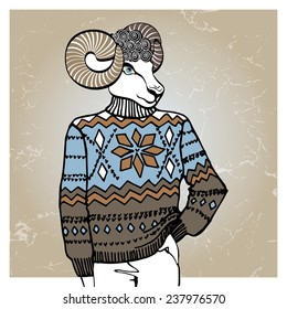 Hand Drawn doodle Illustration of sheep or goat Hipster in Jacquard hat and sweater . Merry Christmas ,Happy new year Card .Fashion vector