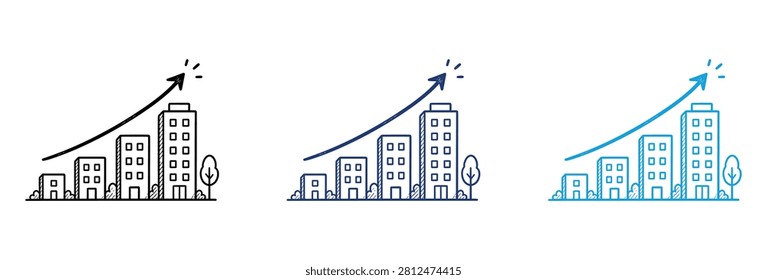 Hand drawn doodle illustration showing a sequence of growing office buildings with an upward arrow symbolizing financial success and urban expansion