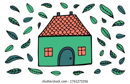 Hand drawn doodle illustration of small cozy house. Simple drawing isolated on white background