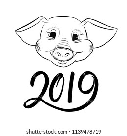 Hand drawn doodle illustration of smiling piglet isolated without background. For new year 2019, Chinese new year and christmas greeting card, poster, banner, logo. Farmer or pork producer materials