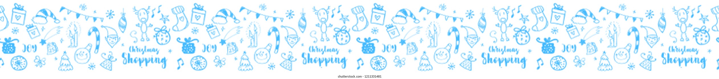 Hand drawn doodle illustration. Stripe ornaments and Illustrator pattern included. Snowflakes, fir-tree branch, snowman, christmas balls, cones, present box.