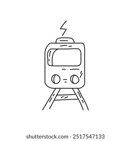 Hand drawn doodle illustration of a train with lightning symbol, cartoon style, simple black and white outline, isolated. Transportation vector.