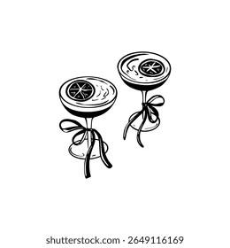 Hand drawn doodle illustration of two cocktail glasses with bows. Cheers toast. Cute coquette style girly vector illustration. Christmas, New year, wedding, Birthday, bachelorette party celebration