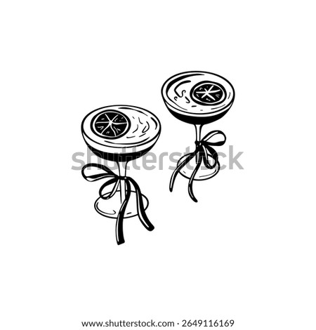 Hand drawn doodle illustration of two cocktail glasses with bows. Cheers toast. Cute coquette style girly vector illustration. Christmas, New year, wedding, Birthday, bachelorette party celebration