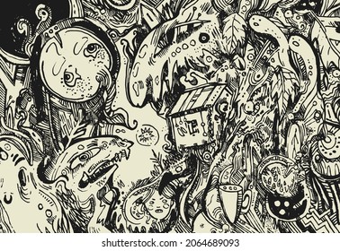 Hand drawn doodle illustration. Vector art with ghosts and monsters. Good background for your design. 