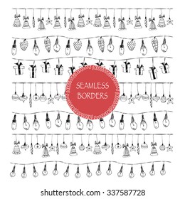 Hand drawn doodle illustration. Vector lineart black ink borders. Stripe ornaments and Illustrator pattern brushes included. Christmas ornaments, lights, snowman, christmas balls, cones, present box.