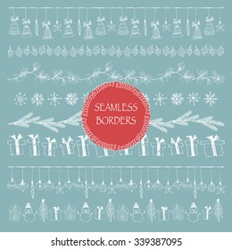 Hand drawn doodle illustration. Vector white line art borders. Stripe ornaments and Illustrator pattern brushes included. Snowflakes, fir-tree branch, snowman, christmas balls, cones, present box.