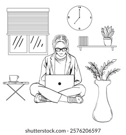 Hand drawn doodle illustration of a woman working with her laptop sitting under a chair
