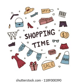 Hand drawn Doodle illustrations about shopping with dress, hat, wallet, credit card, chart, shoes, banners, lipstick, shorts, coins, barcode, glasses and lettering