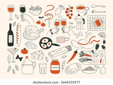 Hand drawn doodle illustrations of italian food and drinks. Line art drawings of wine, cheese, bread, olives, pasta. La dolce vita dinner party elements. Vector graphic