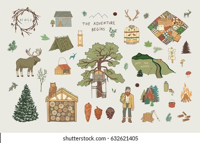 Hand drawn doodle illustrations set into the woods.