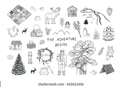 Hand drawn doodle illustrations set into the woods.