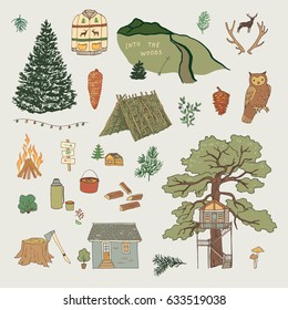 Hand drawn doodle illustrations set into the woods.